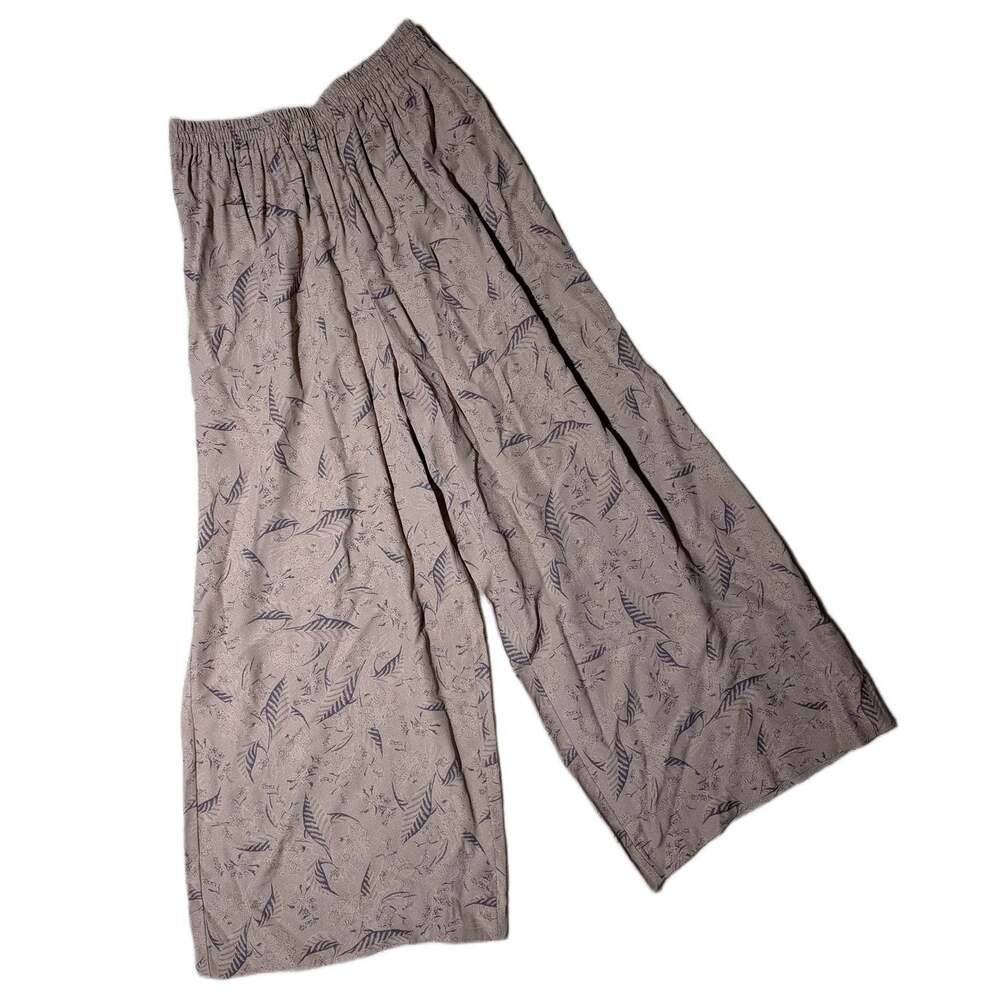 Vtg 1990s Max Studio Beige Illustrated Leaf Print Wide Leg Elastic Waist Pants L